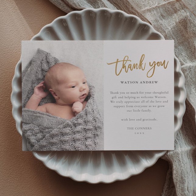 Budget Script Photo Baby Thank You Card (Modern gold script budget baby photo thank you cards.)
