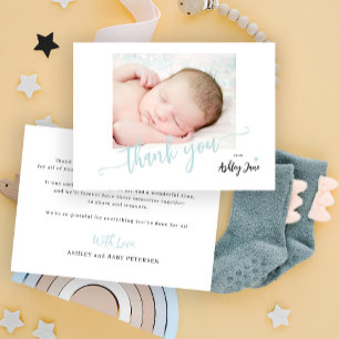 Budget script photo boy baby shower thank you card