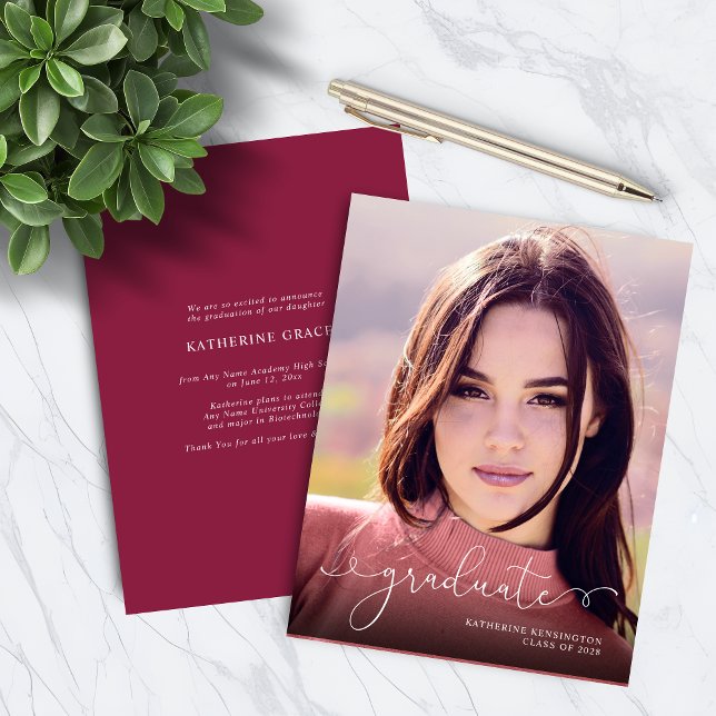 BUDGET Script Photo Burgundy Maroon Graduation (BUDGET Script Photo Burgundy Maroon Graduation Invitation Announcement)