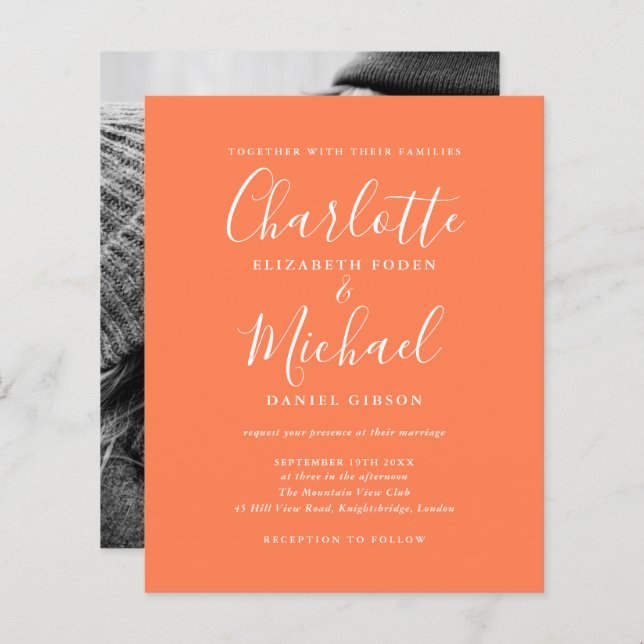 Budget Script Photo Coral Wedding Invitation (Front/Back)