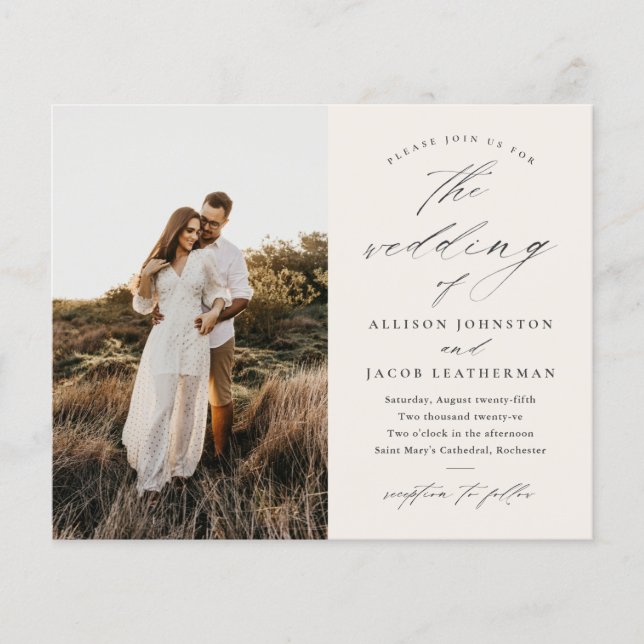 Budget Script Photo Ivory Wedding Invitation (Front)