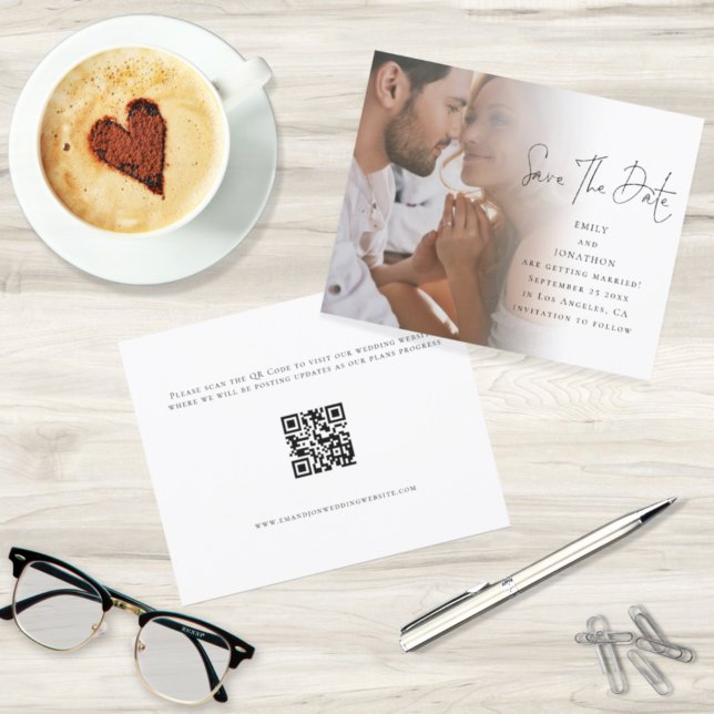 Budget Script Photo QR Code Wedding Save The Date (Front and back view. Budget price smaller size option. Part of a large matching wedding collection)