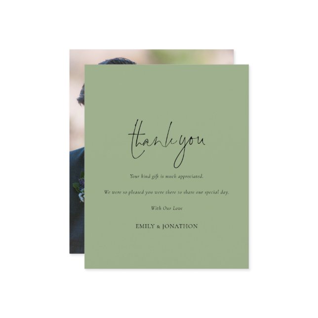 Budget Script Photo Sage Green Wedding Thank You (Front/Back In Situ)