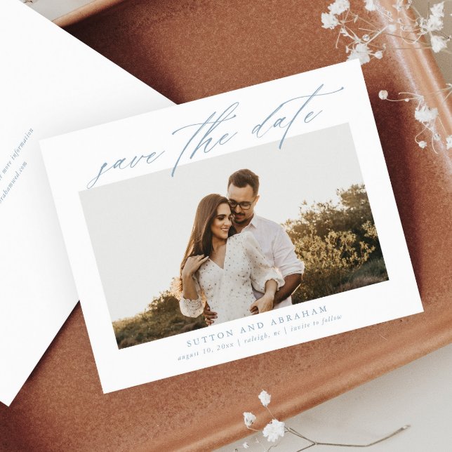 Budget Script Photo Save the Date (Elegant script dusty blue budget photo wedding save the date card.)