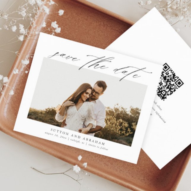 Budget Script Photo Save the Date with QR Code (Elegant script budget photo save the date with QR Code.)