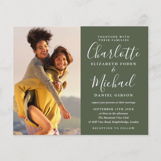 Budget Script Photo Wedding Olive Green Invitation (Front)