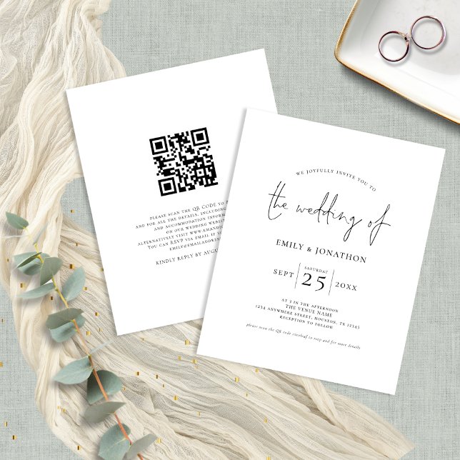 Budget Script QR Code Black White Wedding Invite (Front and back view)