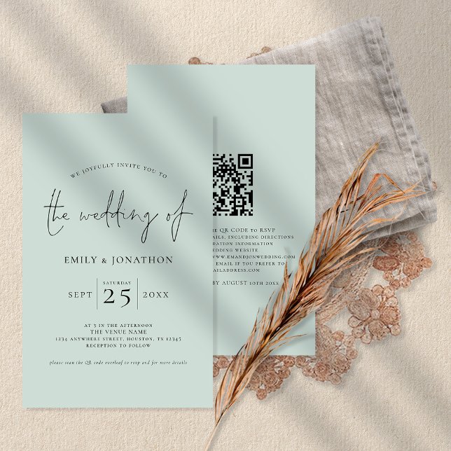 Budget Script QR Code Mint Green Wedding Invite (Creator Uploaded)
