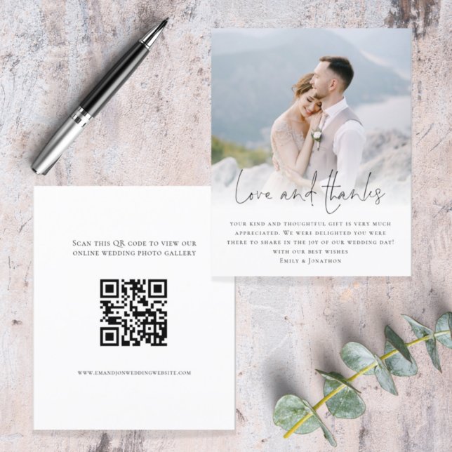 Budget Script QR Code Photo Wedding Love Thanks (Front and back view. Budget price smaller alternative. Part of large matching wedding collection)