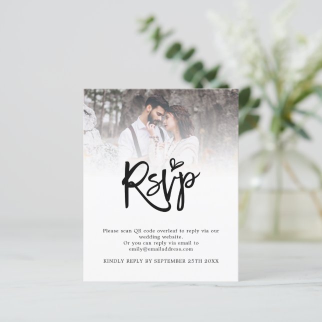 Budget Script QR Code Photo Wedding RSVP Enclosure (Standing Front)