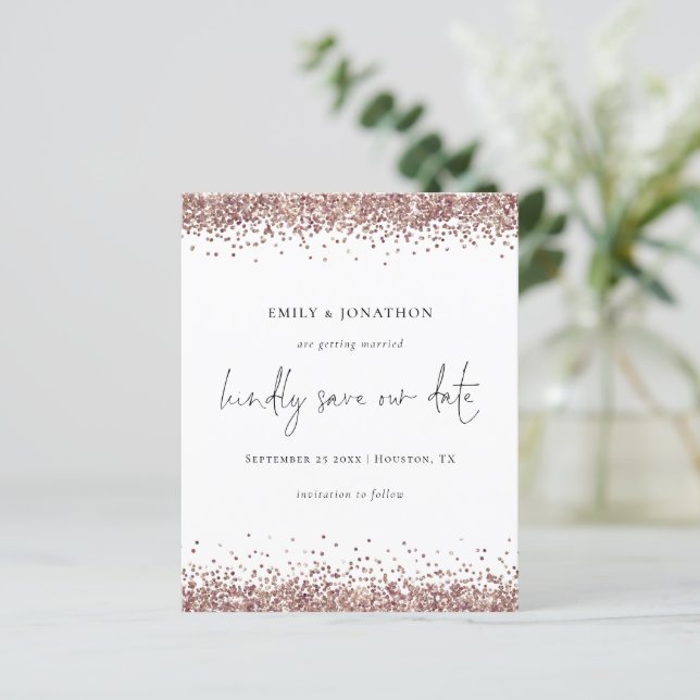 Budget Script QR Code Rose Gold Glitter Save Date (Standing Front)