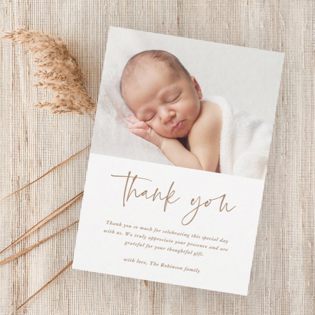  Budget Script Religious Baptism Thank You Card (Modern script baby photo budget baptism thank you card.)
