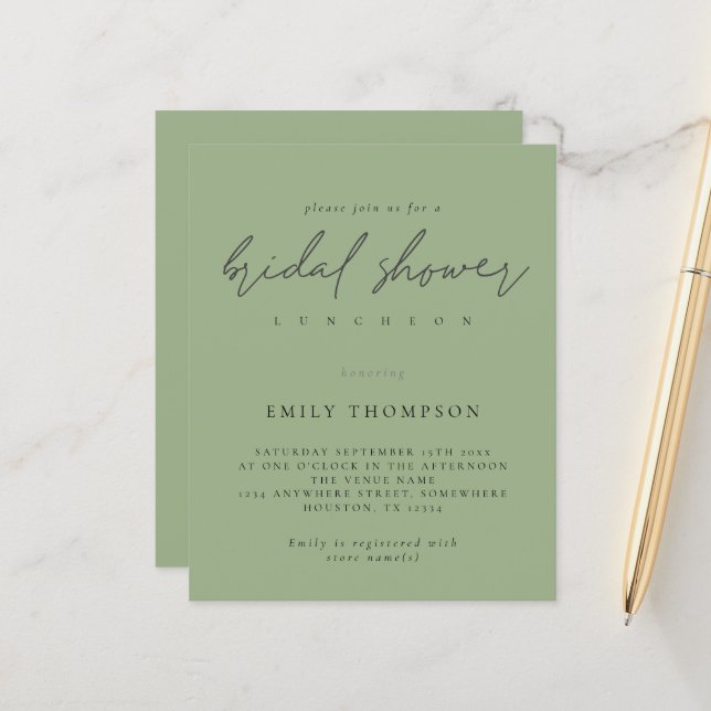 Budget Script Sage Green Bridal Shower Invitation (Front/Back In Situ)