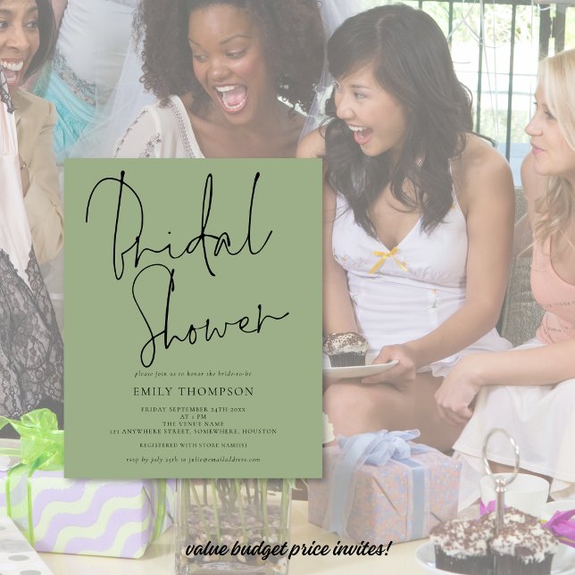 Budget Script Sage Green Bridal Shower Invitation (Value budget price bridal shower invites)