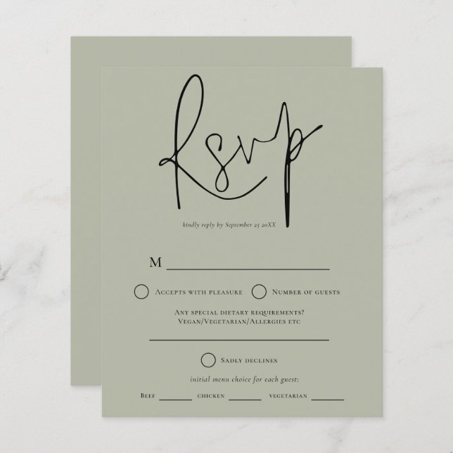 Budget Script Sage Green Wedding RSVP (Front/Back)
