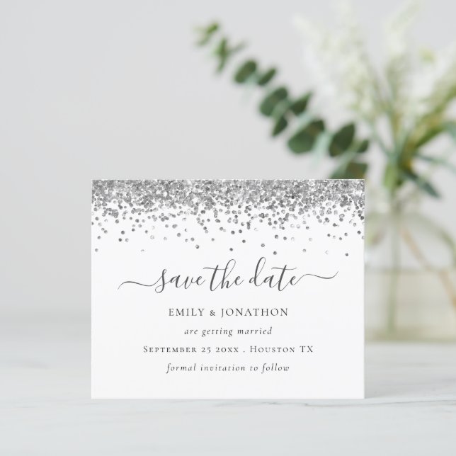 Budget Script Silver Glitter Save the Date (Standing Front)