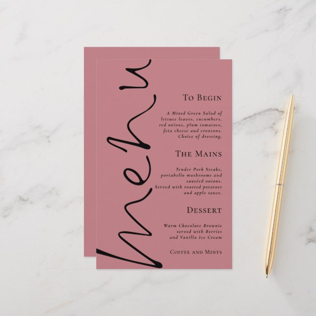 Budget Script Simple Dusty Rose Wedding Menu (Front/Back In Situ)