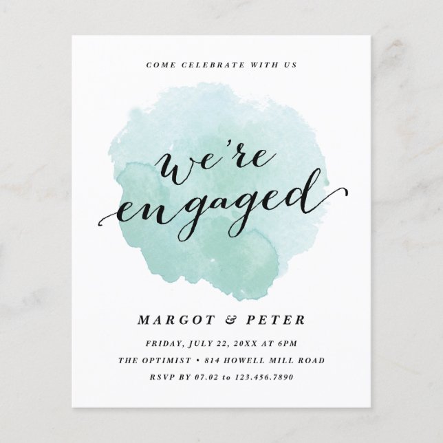 Budget Script Watercolor Engagement Invitation (Front)
