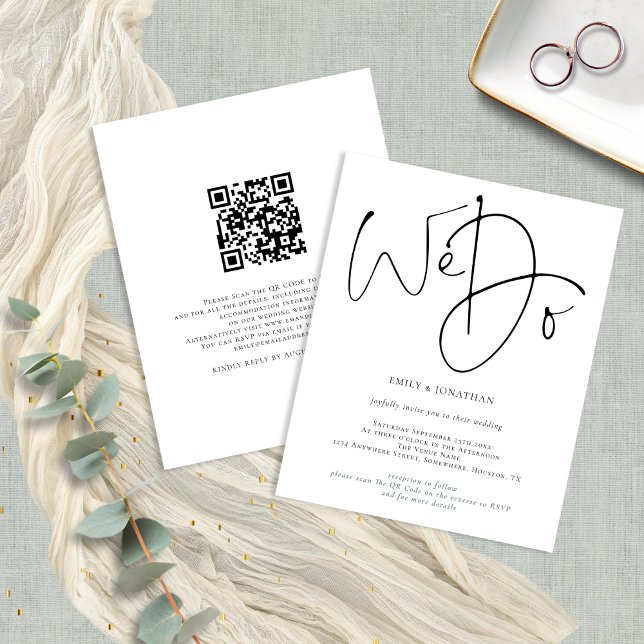 Budget Script We Do Simple QR Code Wedding Invite (Front and back view)