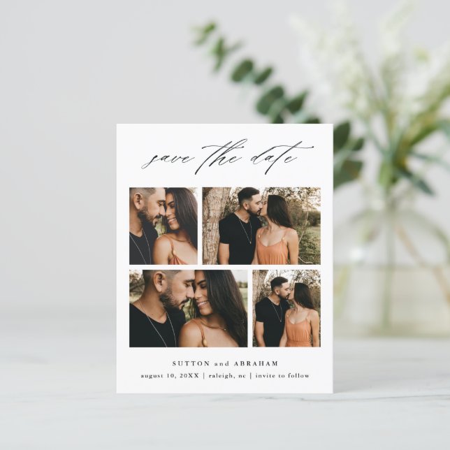 Budget Script Wedding Photo Collage Save The Date (Standing Front)
