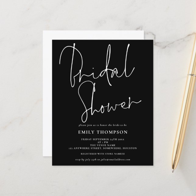 Budget Script White Black Bridal Shower Invitation (Front/Back In Situ)