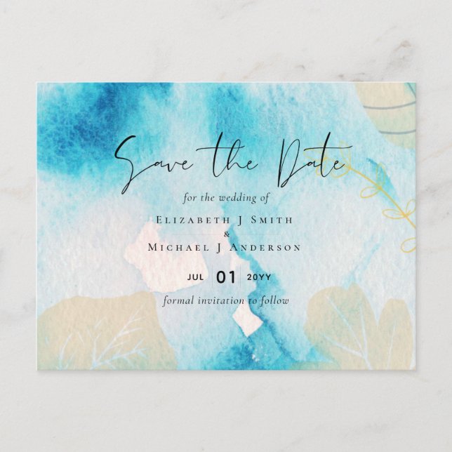BUDGET Sea Glass Blue Watercolor Wedding Postcard (Front)