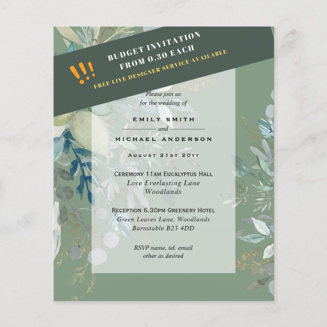 BUDGET Sea Glass Green Eucalyptus Leaves Wedding Flyer (Front)