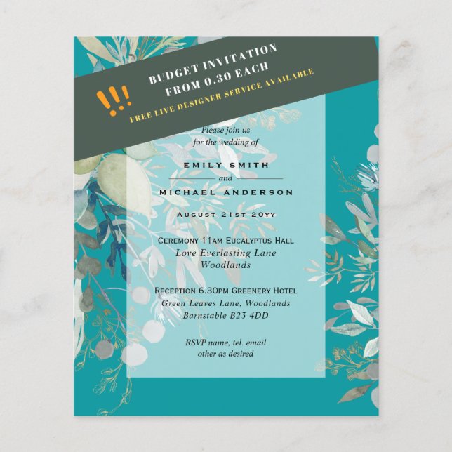 BUDGET Sea Glass Green Eucalyptus Leaves Wedding Flyer (Front)