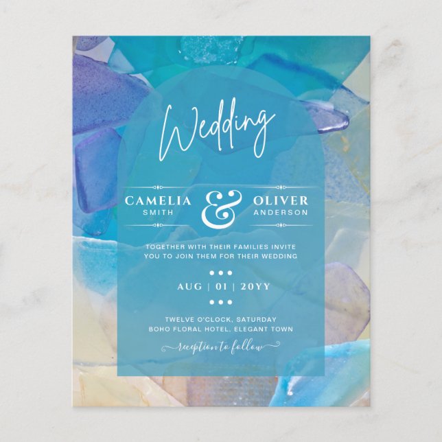 BUDGET Sea Glass Teal Blue Ocean Beach Sea Wedding Flyer (Front)