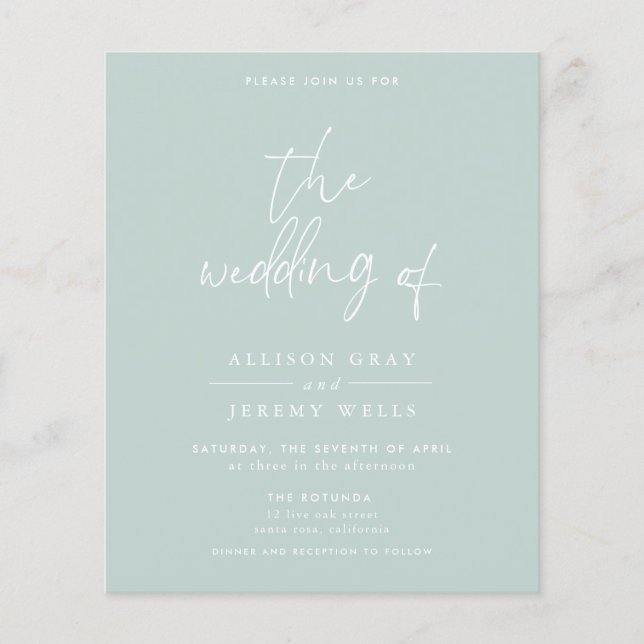 Budget Seafoam Wedding Invitation Flyer (Front)