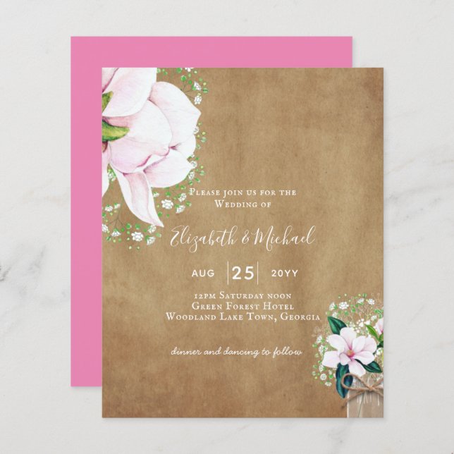 BUDGET Shabby Pink Magnolia Chic Wedding Invite (Front/Back)