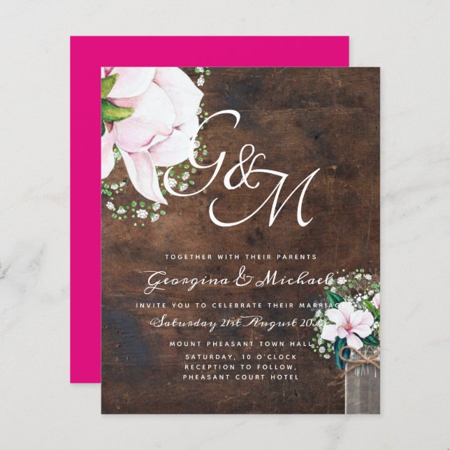 BUDGET Shabby Pink Magnolia Chic Wedding Invite (Front/Back)