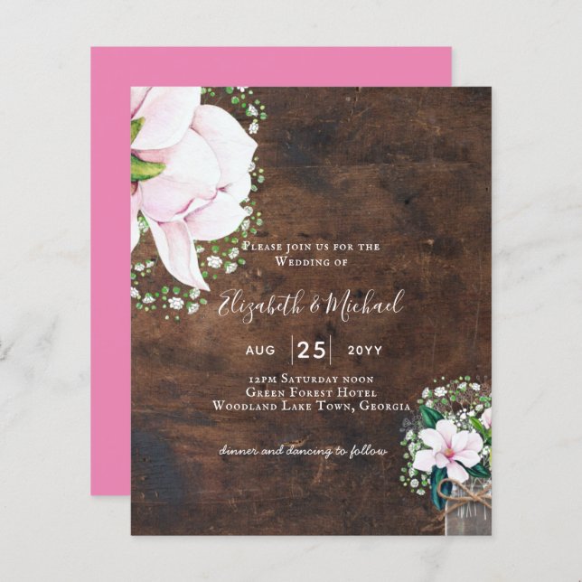 BUDGET Shabby Pink Magnolia Chic Wedding Invite (Front/Back)