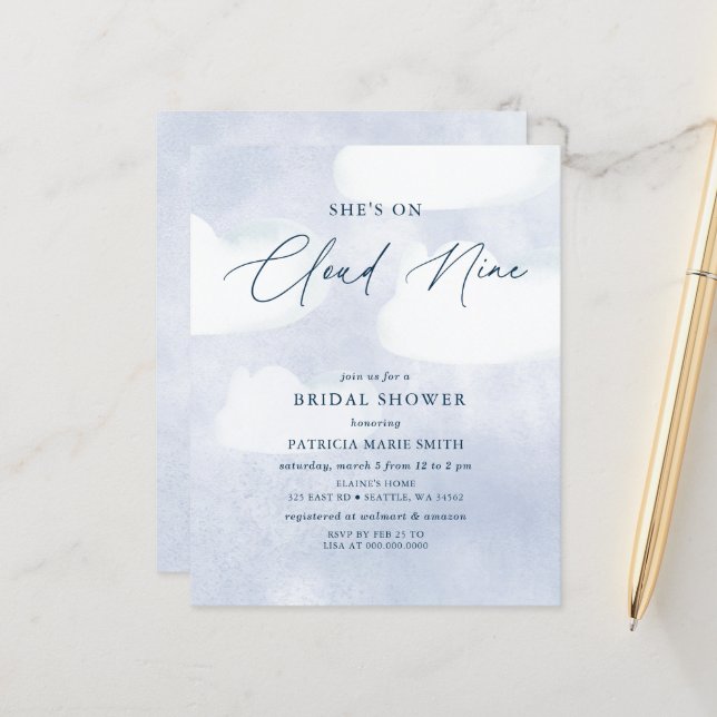 Budget She is on Cloud Nine Bridal Shower Invite (Front/Back In Situ)