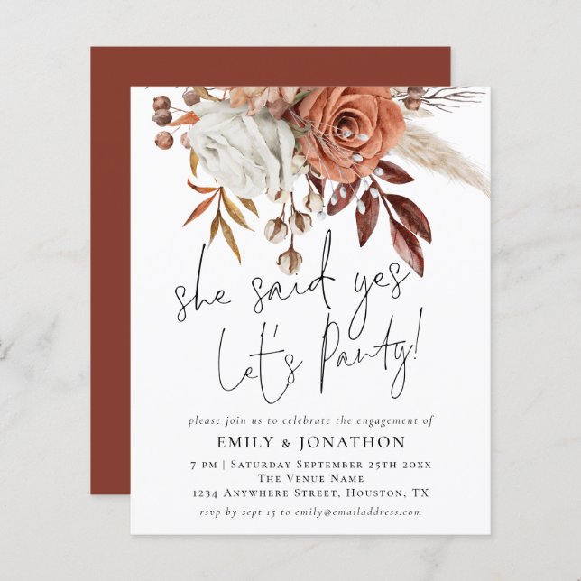 Budget She Said Yes Floral Engagement Party Invite (Front/Back)