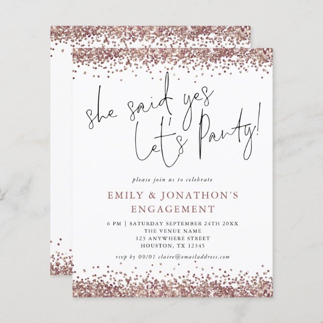 Budget She Said Yes Rose Gold Glitter Engagement (Front/Back)