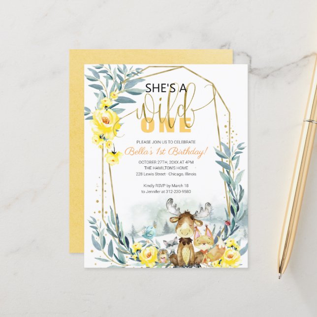Budget  She's A Wild One First Birthday Invitation (Front/Back In Situ)