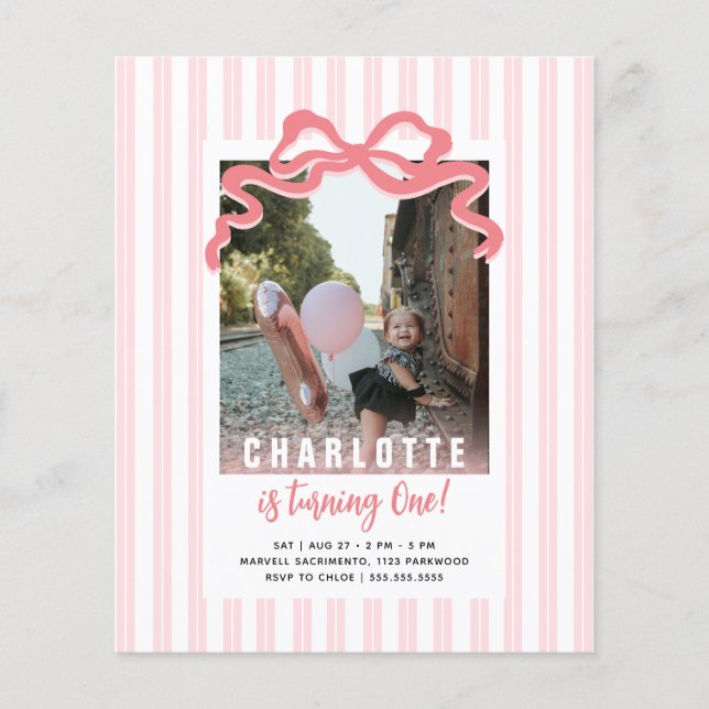 Budget She's Turning One Stripe Pink Bow Birthday  (Front)