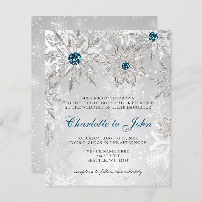 Budget Silver Aqua Snowflakes Wedding Invitation (Front/Back)