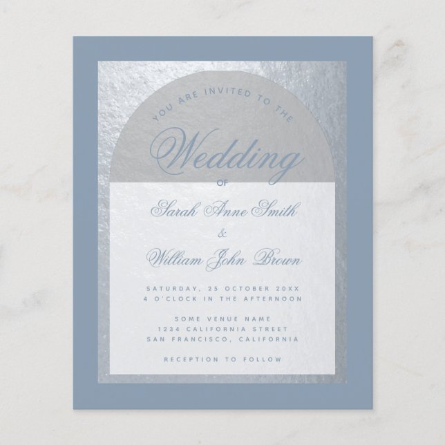 Budget Silver Arch Dusty Blue Wedding Invitation  (Front)