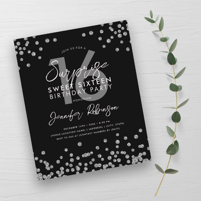 Budget Silver Black Confetti Sweet 16 Invite (Budget Silver Black Confetti Sweet 16 Invite)