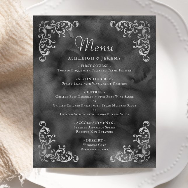 Budget Silver Black Vintage Wedding Menu (Creator Uploaded)