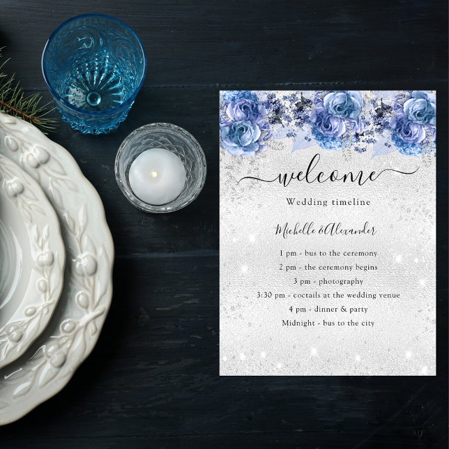 Budget silver blue florals wedding program flyer (Creator Uploaded)