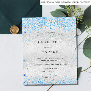 Budget silver blue hearts wedding invitation
