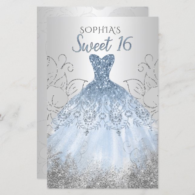 Budget Silver Dusty Blue Dress Sweet 16 Invitation (Front/Back)