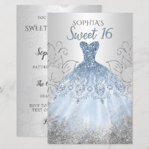 Budget Silver Dusty Blue Dress Sweet 16 Invitation