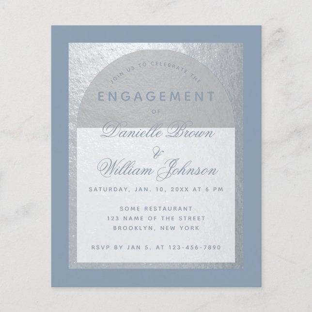 Budget Silver Dusty Blue Engagement Invitation (Front)