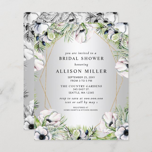 Budget Silver Floral Bridal Shower Invitation (Front/Back)