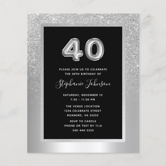 Budget Silver Foil 40th Birthday Party Invitation (Front)