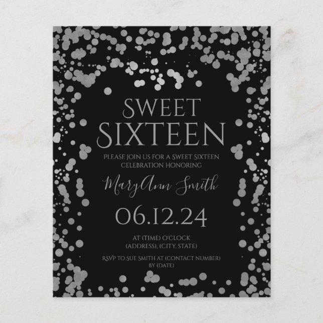 Budget Silver Foil Confetti Sweet 16 Invite Black  Flyer (Front)